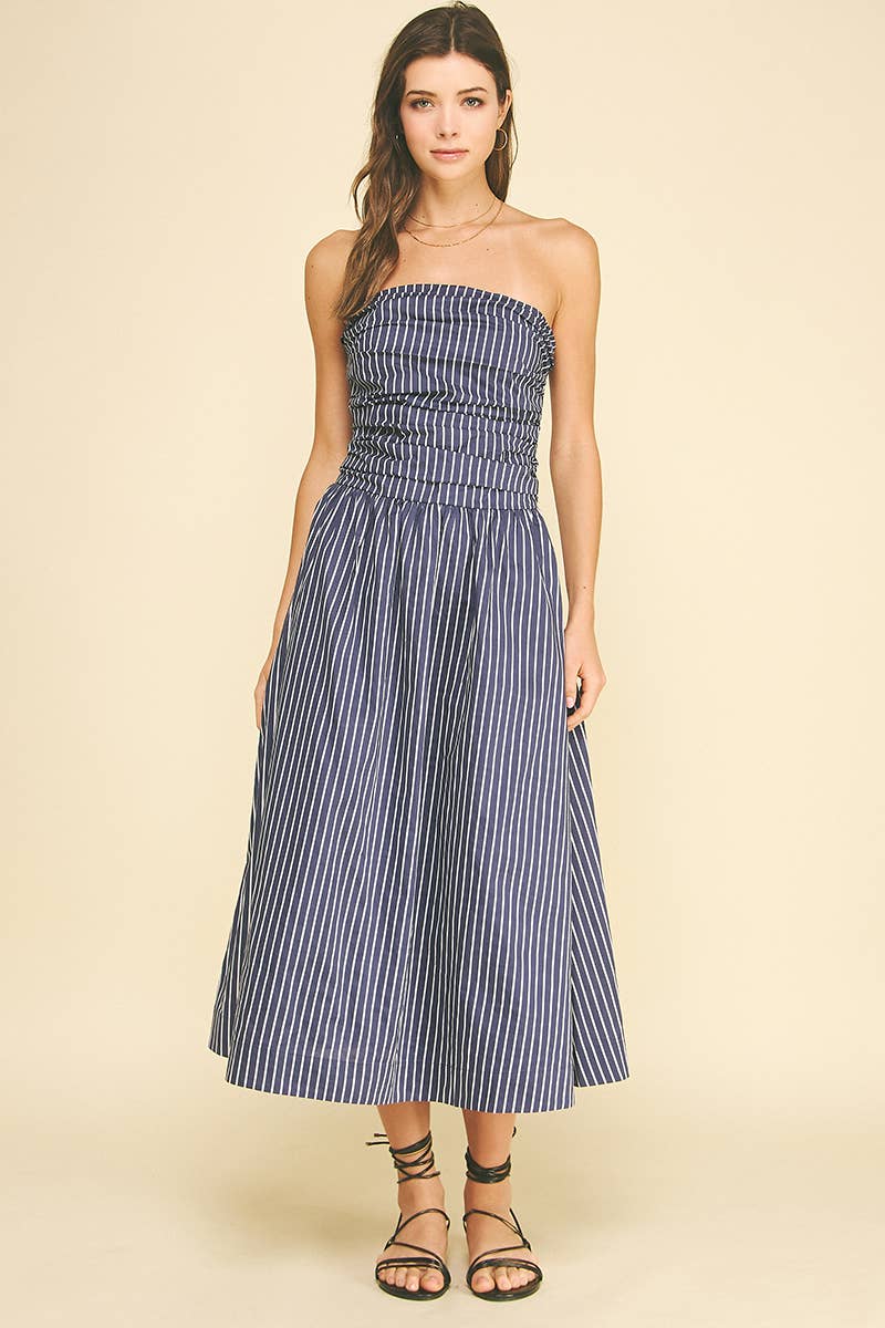Striped Smocked Tube Midi Dress