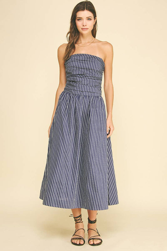 Striped Smocked Tube Midi Dress
