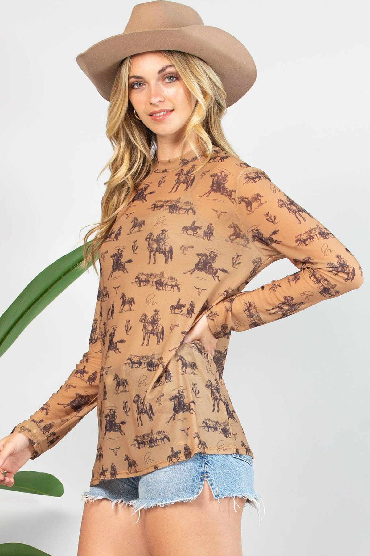 Isla Bucking Horses Print Semi Sheer Mesh Top