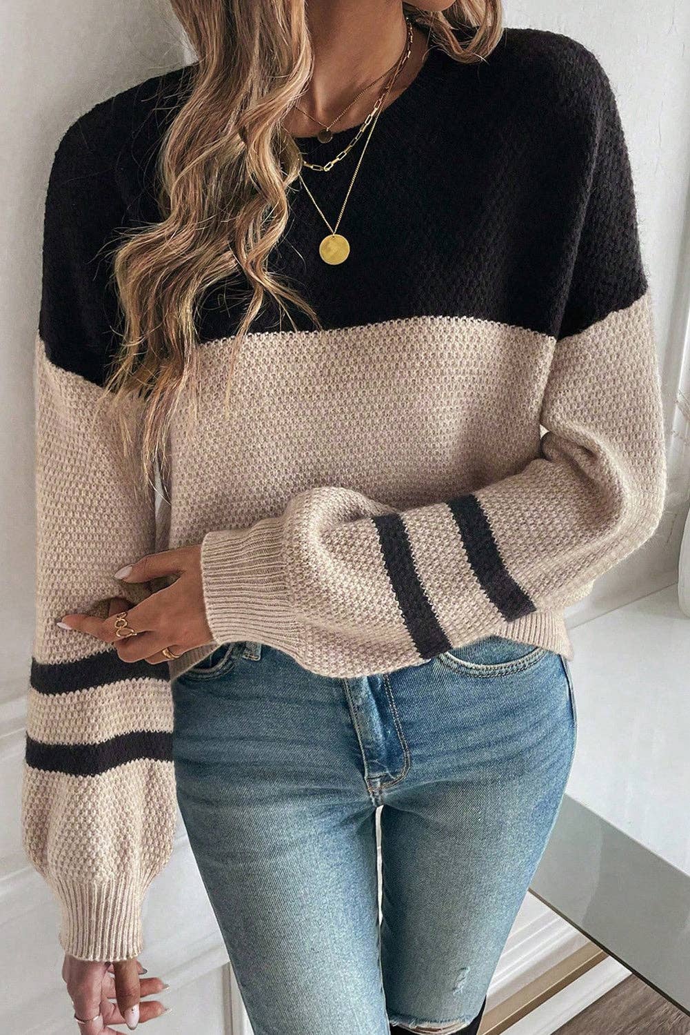 Color Block Knit Striped Sleeve Detail Casual Sweater