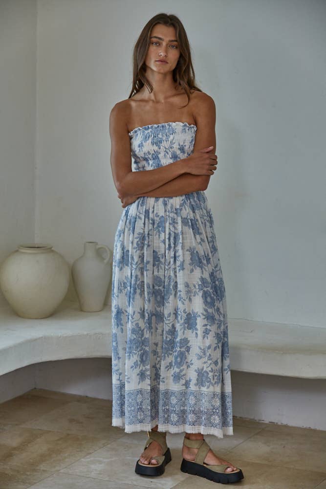 Woven Cotton Rayon Floral Smocked Strapless Midi