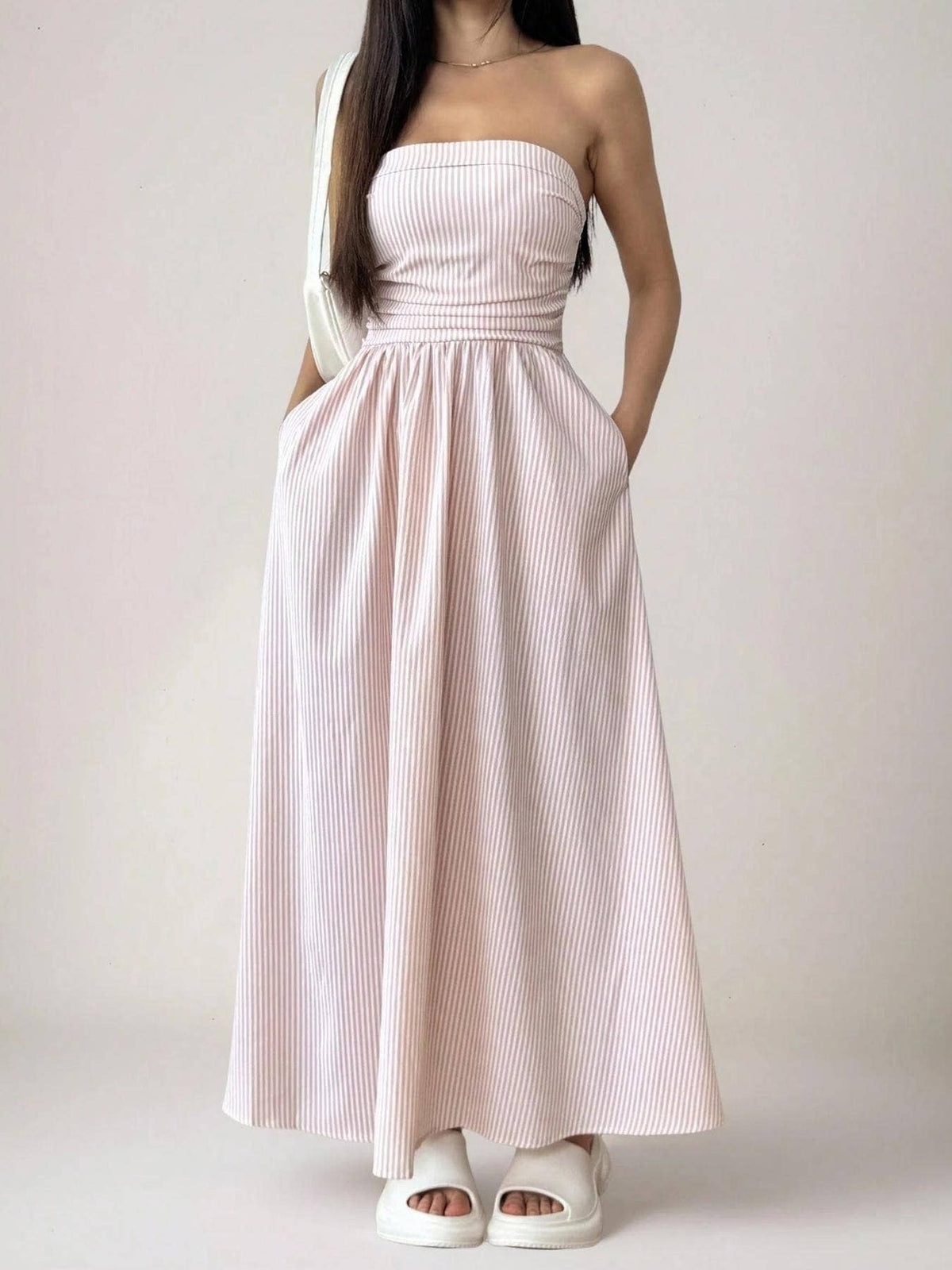 Effortless Vibe Pinstripe Strapless A-Line Skirt Maxi Dress