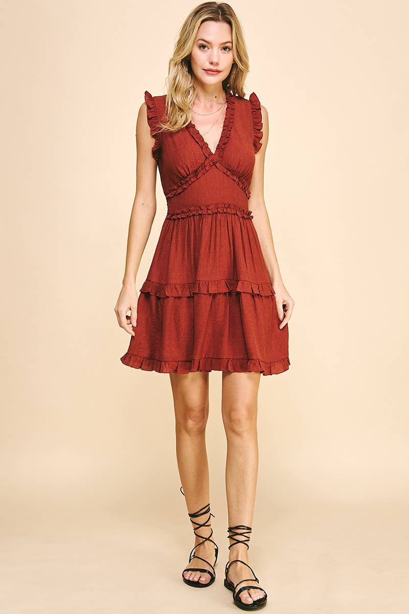 Sleeveless V Neck Ruffle Detail Dress