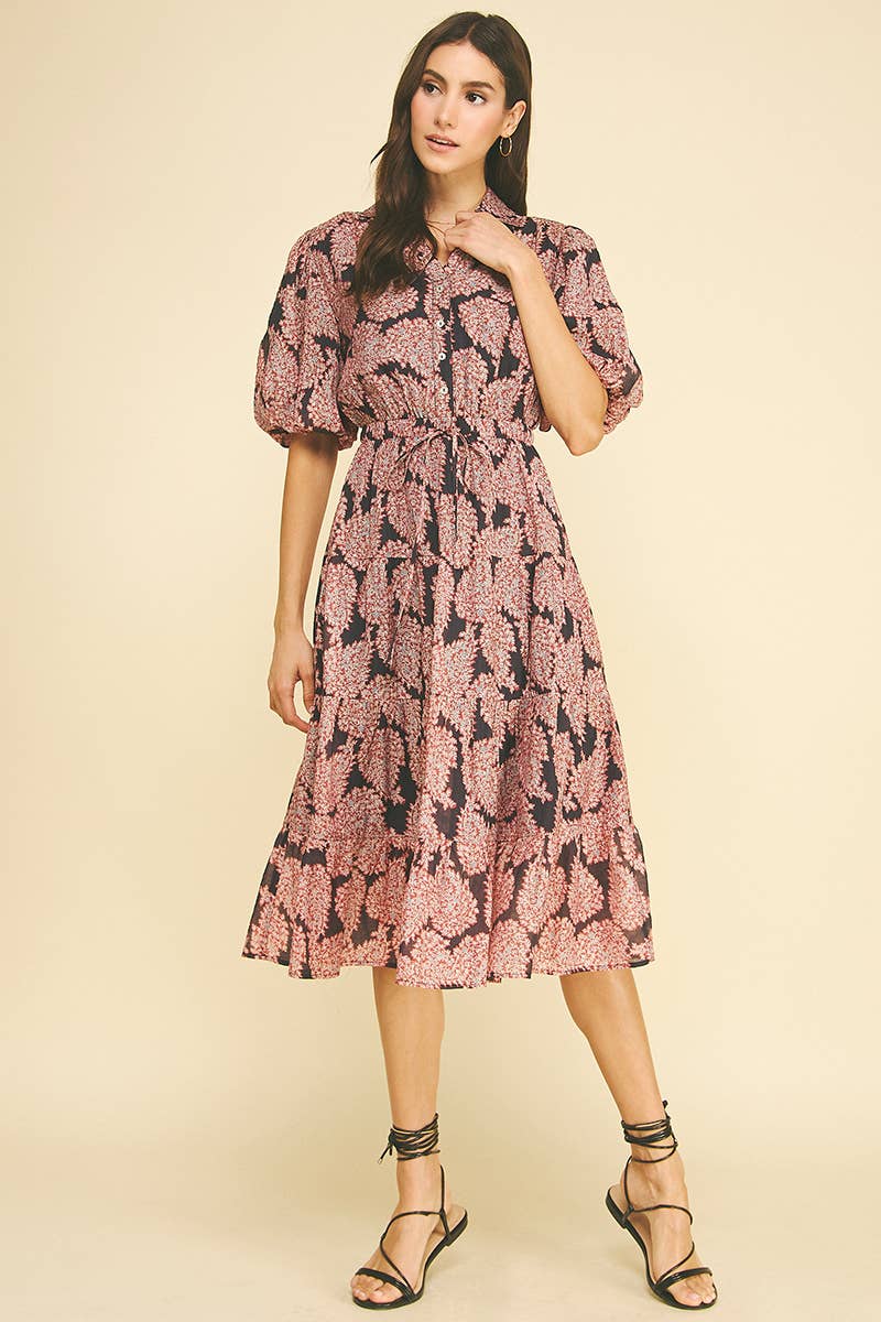 Floral Button Down Tiered Midi Dress