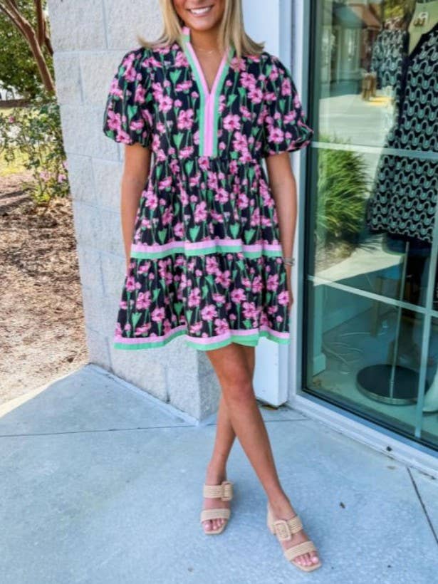Blue wildflowers Floral V-neck mini dress A-line dress