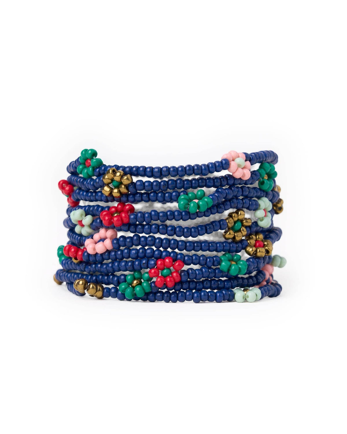 Sage Multi-Color Flower Beaded 10 Strand Stretch Bracelet Navy