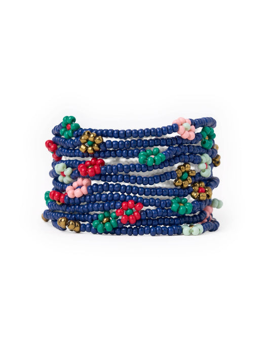 Sage Multi-Color Flower Beaded 10 Strand Stretch Bracelet Navy