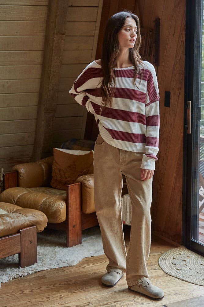 Knit Sweater Striped Cotton Boat Neck Long Sleeve