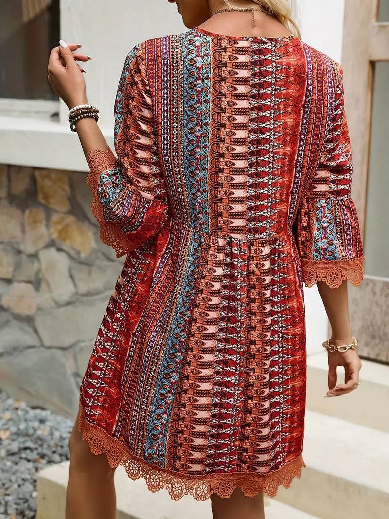 Bohemian Chic V-Neck Striped Print Lace Trim Dress
