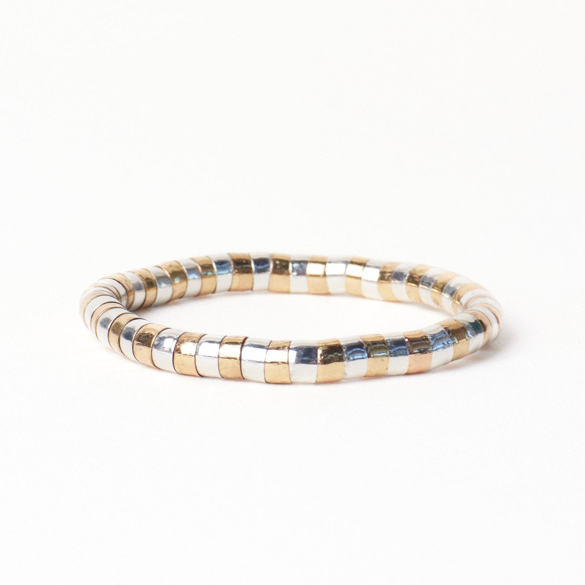 Lucille Round Bead Stretch Bracelet Alternating Brass + Silver