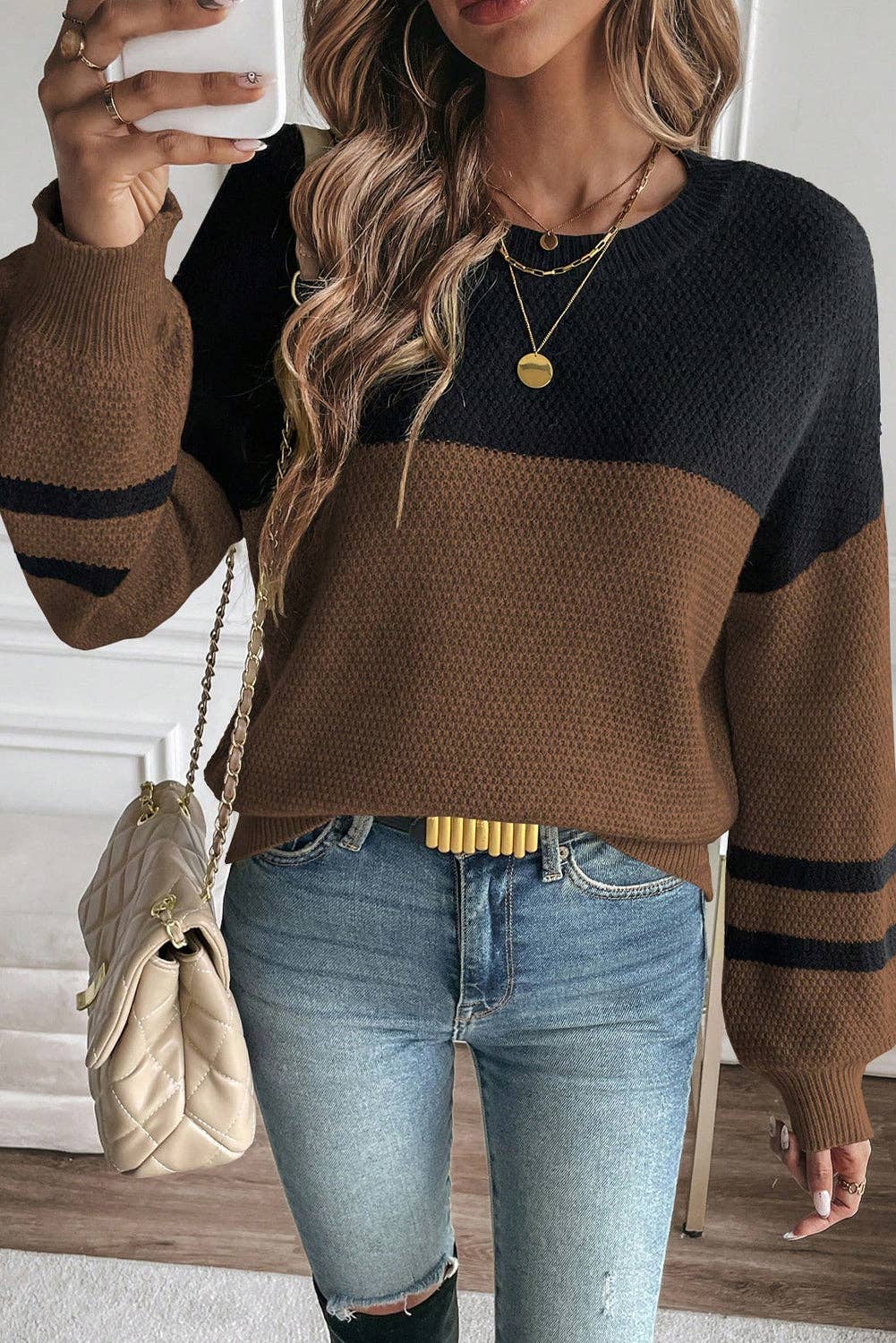Color Block Knit Striped Sleeve Detail Casual Sweater