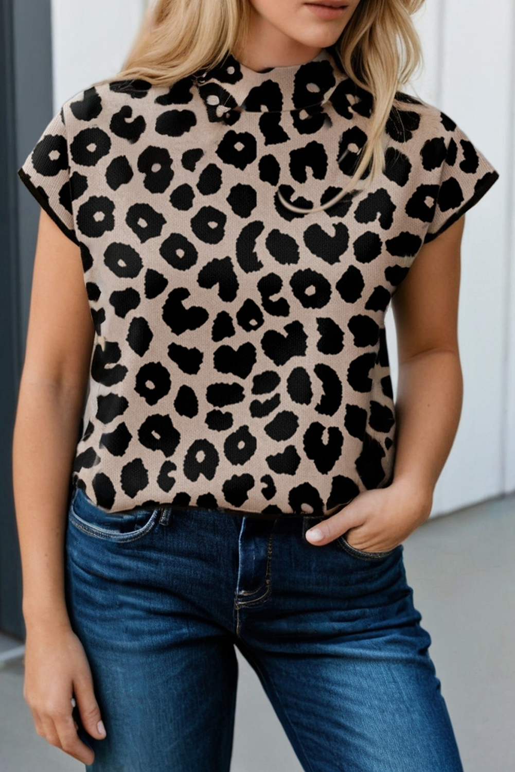 Leopard Print High Neck Short Sleeve Sweater