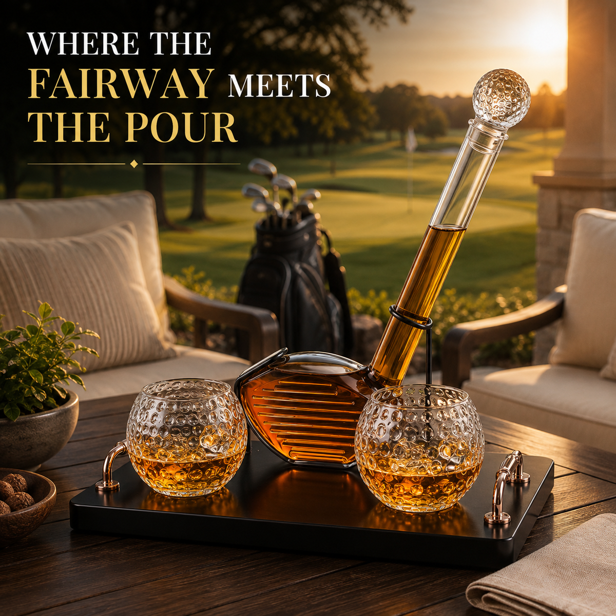 Golf Club Whiskey Decanter Set with 2 Crystal Glasses, 28.7