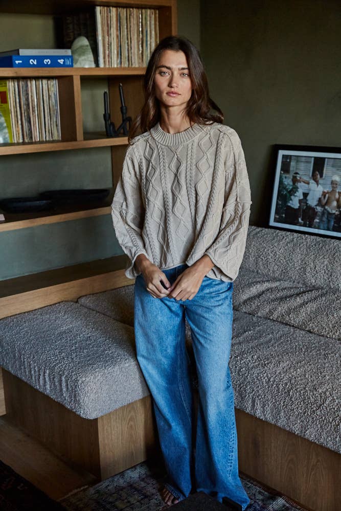 Knit Cable Sweater Cotton 3/4 Sleeve Pullover
