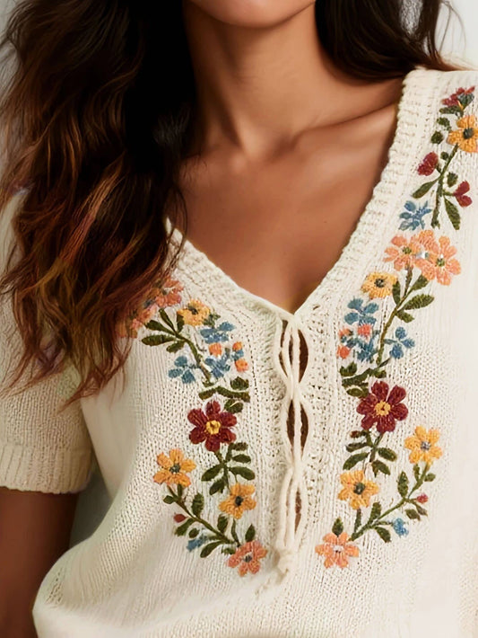 Knitted Bohemia Flower Embroidered Top