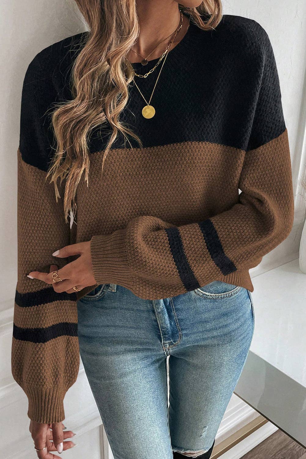 Color Block Knit Striped Sleeve Detail Casual Sweater