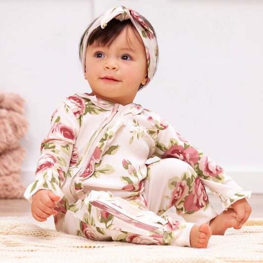 Baby Girl's Cabbage Rose Cotton Zippered Romper