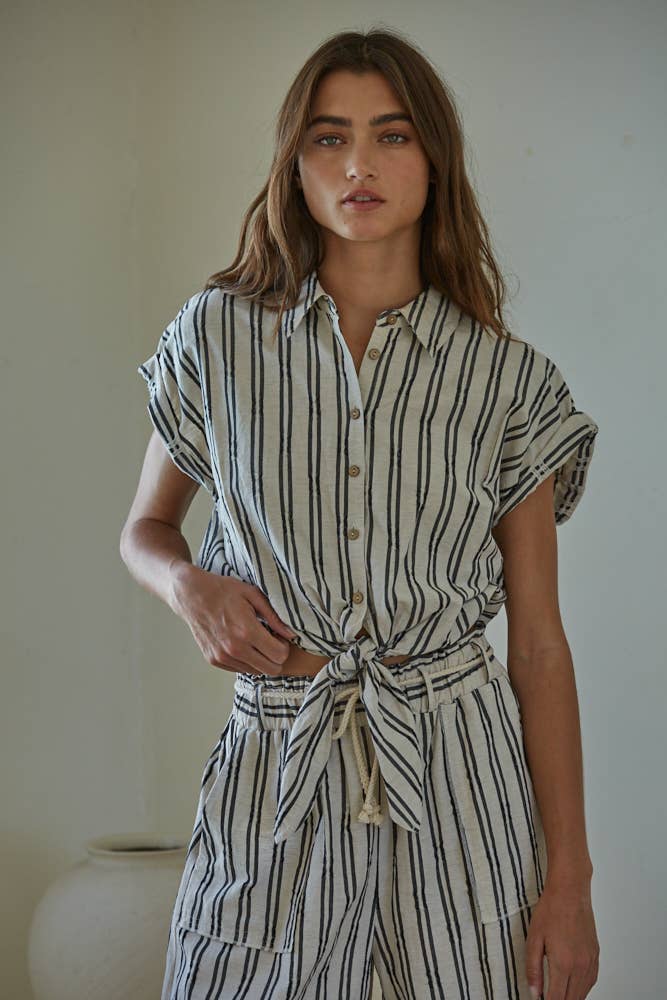 Striped Button Down Collar Neck Waist Tie Top