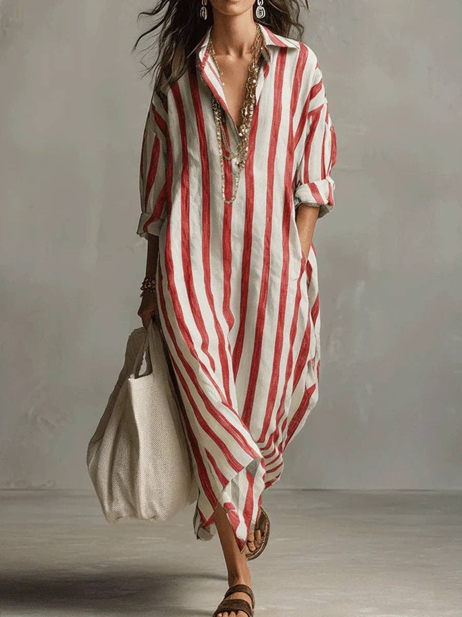 Fashionable Striped V-Neck Shirt Dress Casual Style