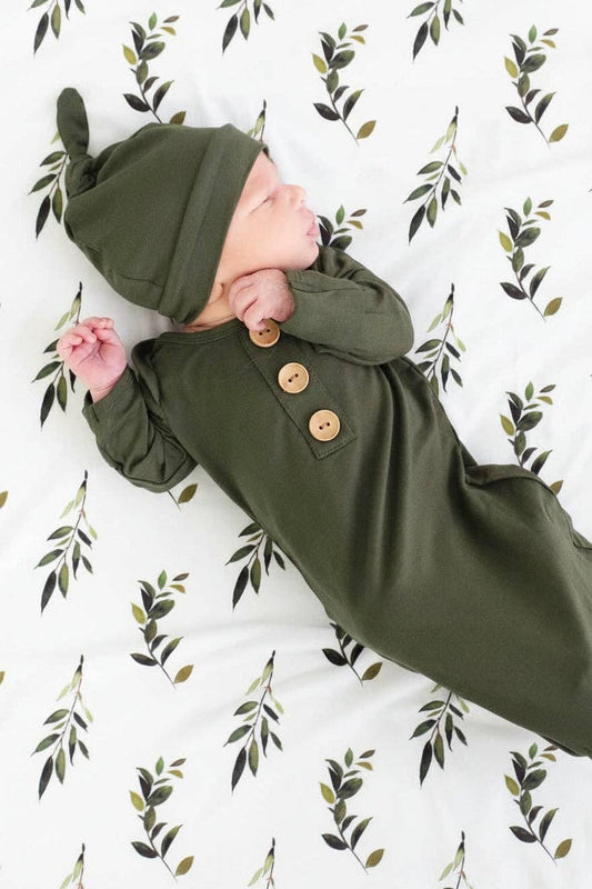 Solid Olive Bamboo Baby Knot Gown & Hat