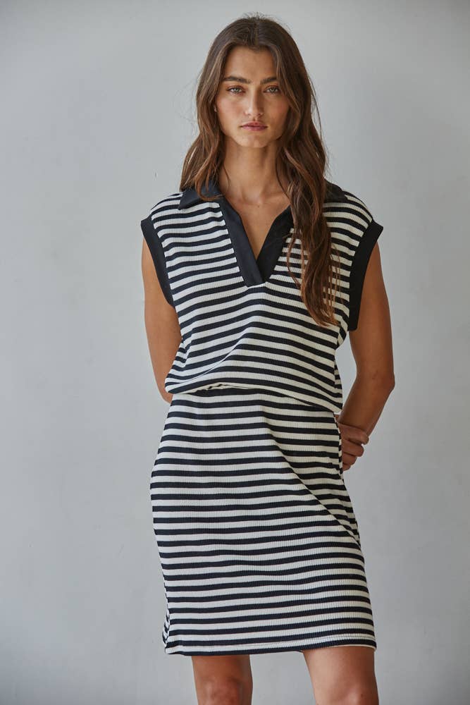 Knit Cotton Spandex Striped Ribbed V-Neck Polo Mini