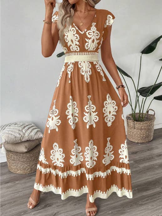 Boho Ethnic Print Ruffled Sleeve V-Neck Dress
