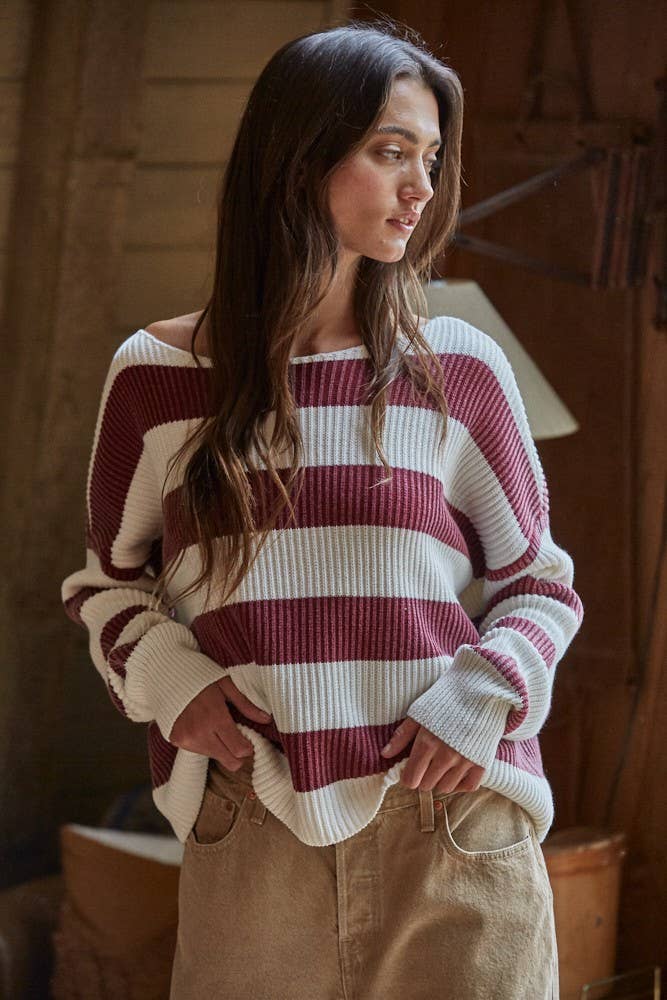 Knit Sweater Striped Cotton Boat Neck Long Sleeve