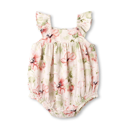 Baby Girl Floral Bubble Romper – Cotton Linen Sunsuit