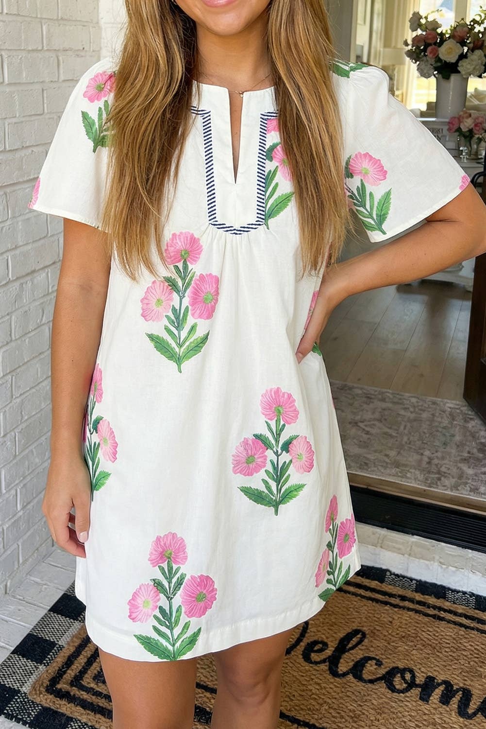 LAS Floral Short Sleeve Split Neck Loose Mini Dress (S-XL)