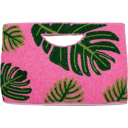 HOT PINK PALM LEAF BEADED HAND BAG