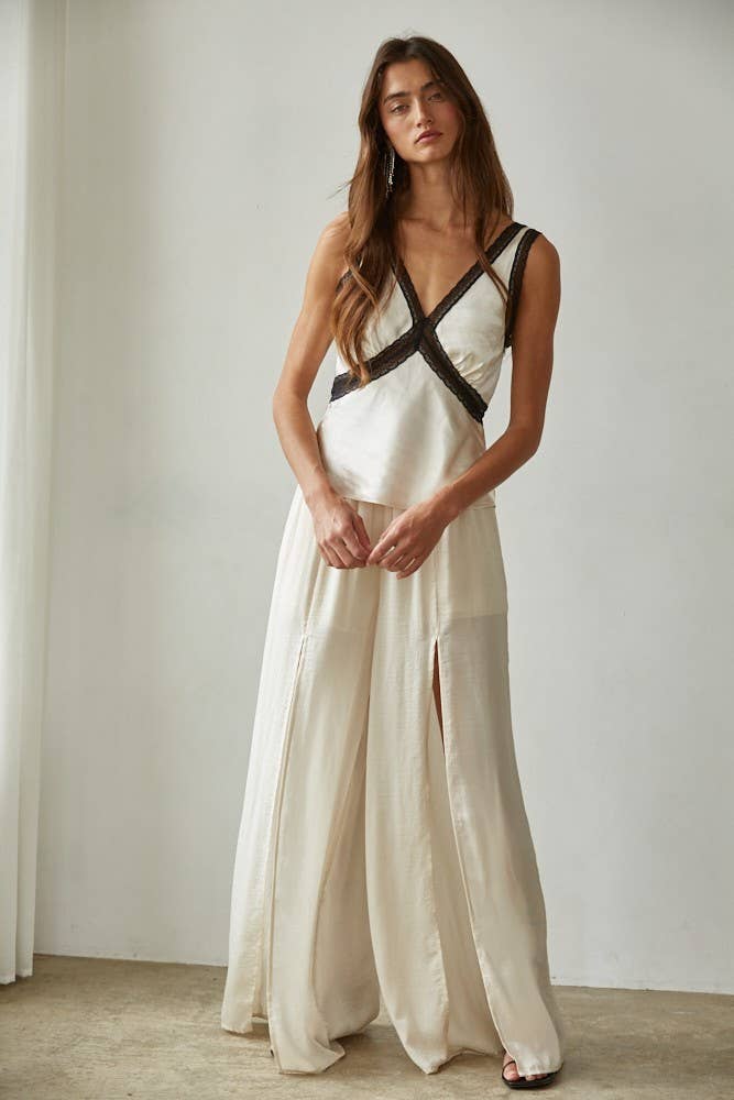 Woven Satin Contrast Lace Trim Detail Sleeveless Top