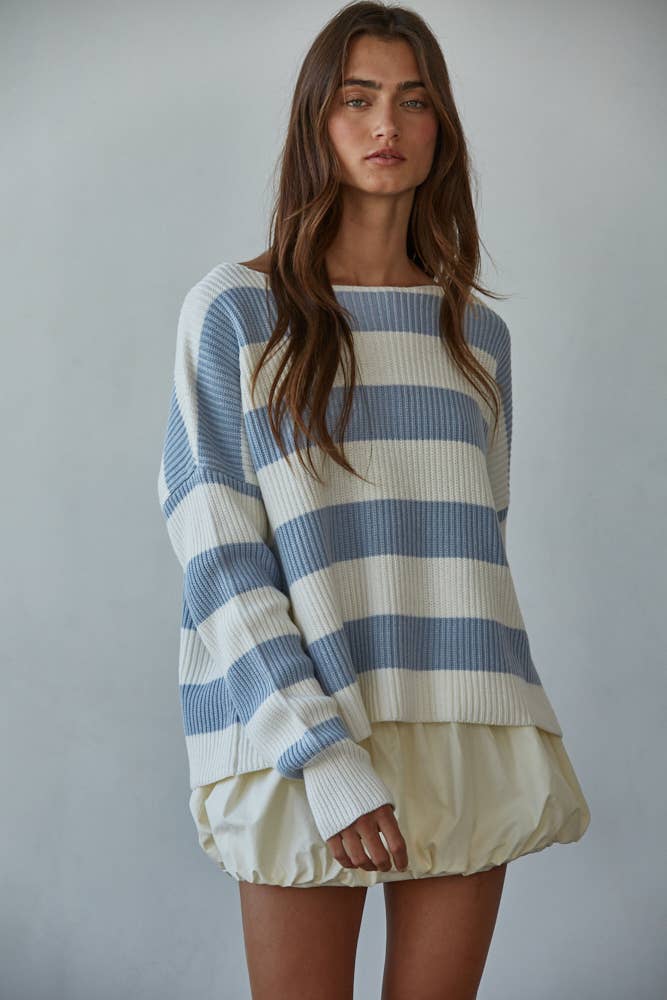 Knit Sweater Striped Cotton Boat Neck Long Sleeve