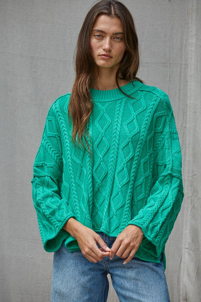 Knit Cable Sweater Cotton 3/4 Sleeve Pullover