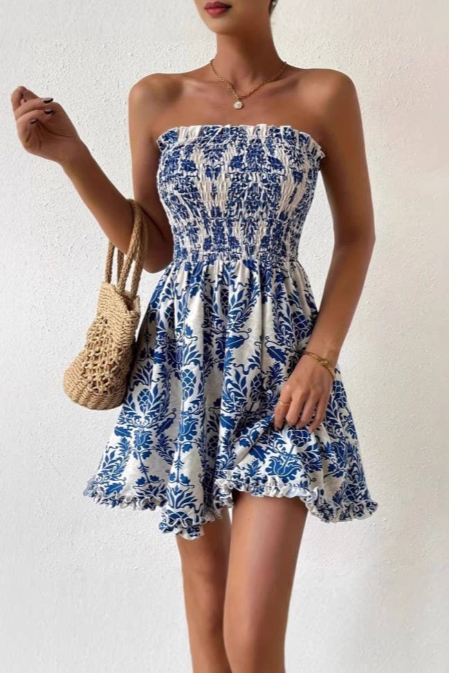 Vacation Paisley Floral Smocked Strapless Dress