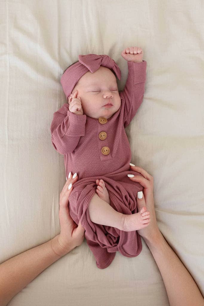 Boysenberry Bamboo Waffle Newborn Baby Knot Gown & Hat Set