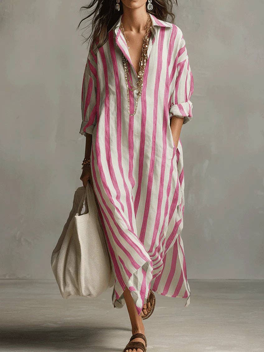Fashionable Striped V-Neck Shirt Dress Casual Style