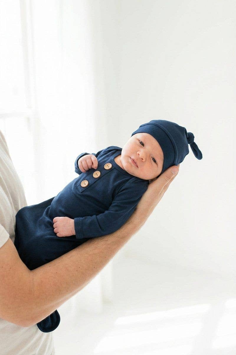 Solid Dark Navy Bamboo Baby Knot Gown & Hat