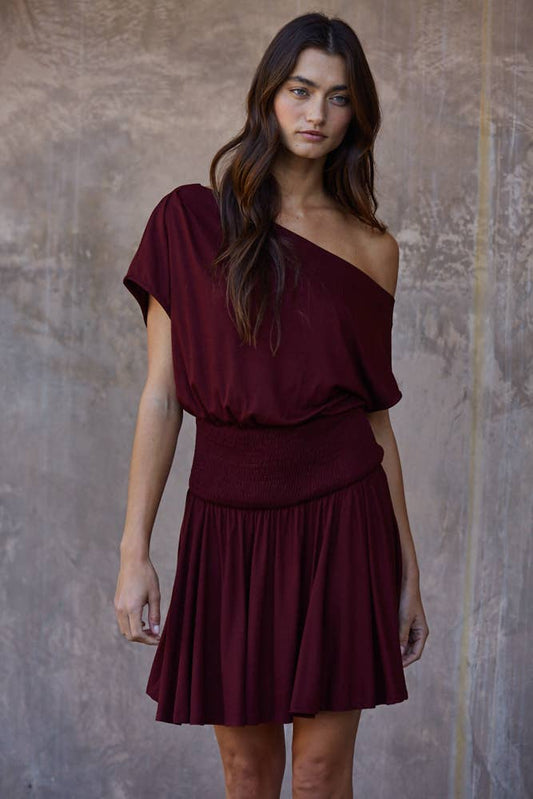 Knit Viscose Spandex Jersey Asymmetrical Neck Mini