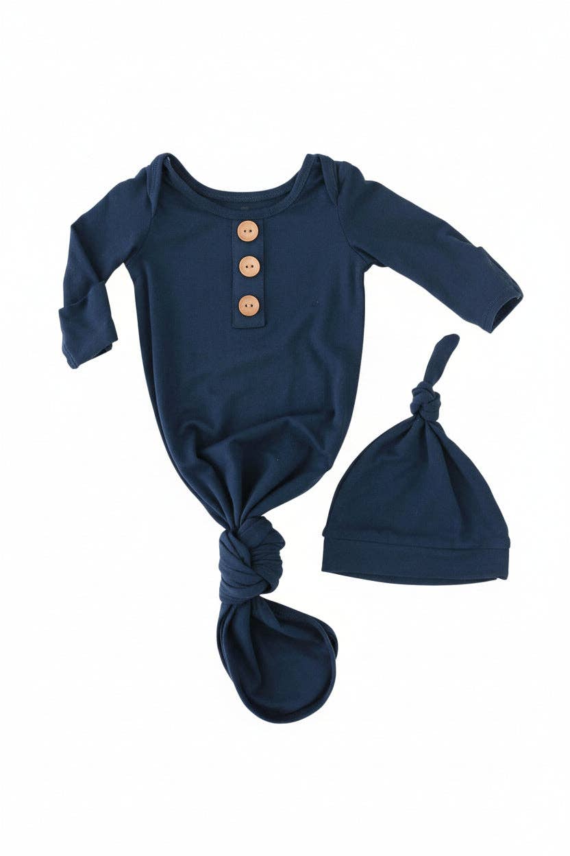 Solid Dark Navy Bamboo Baby Knot Gown & Hat