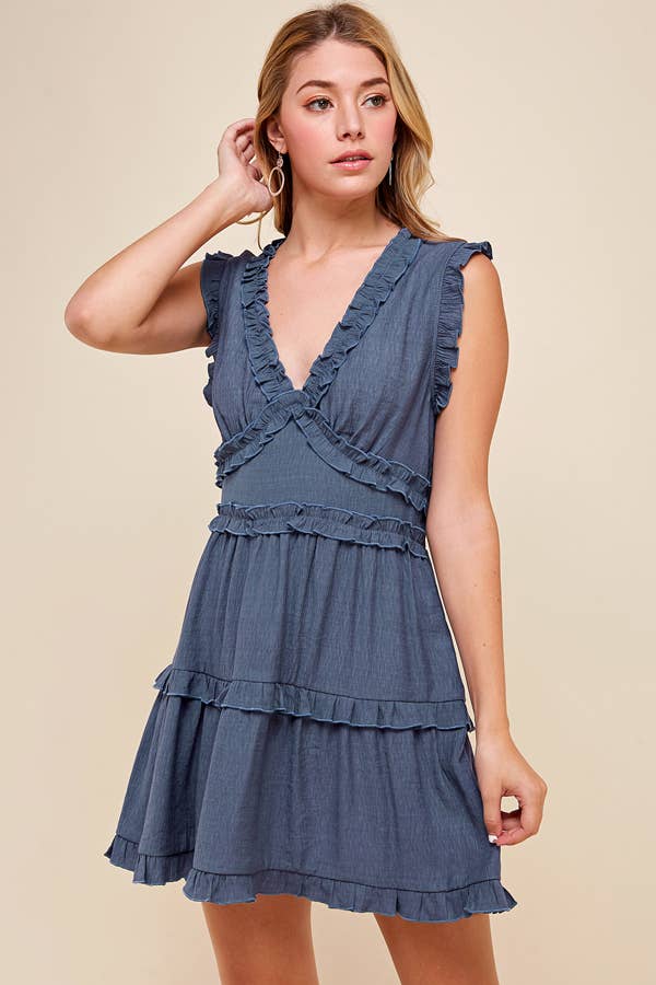 Sleeveless V Neck Ruffle Detail Dress