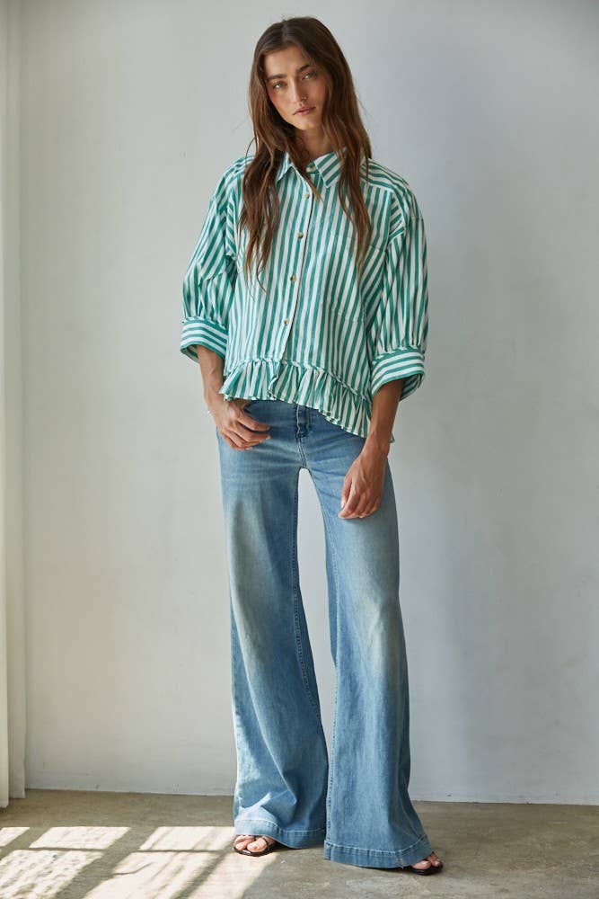 Woven Cotton Striped Button Down Shirt Top