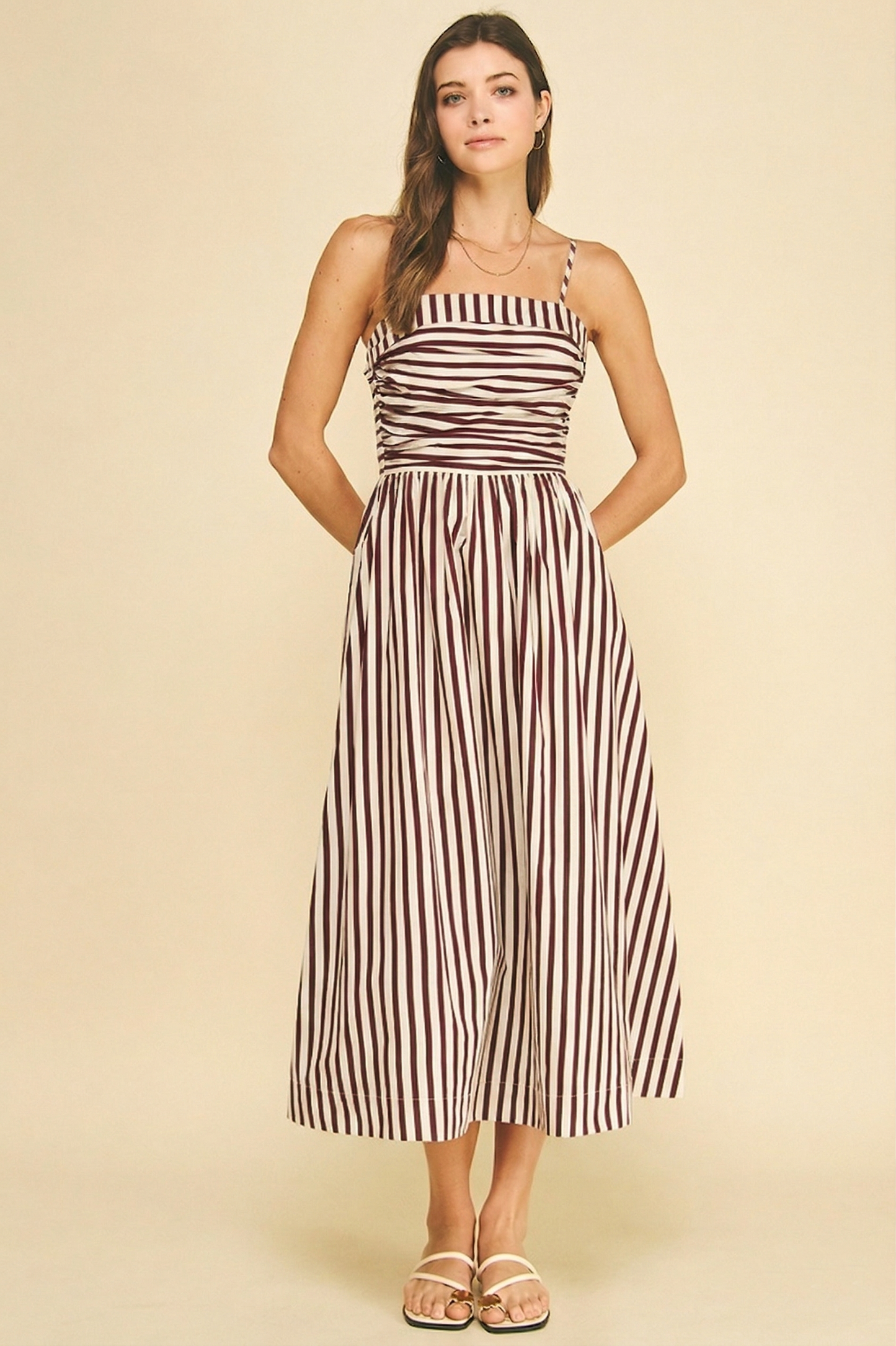 Striped Ruched Detail Midi Dress