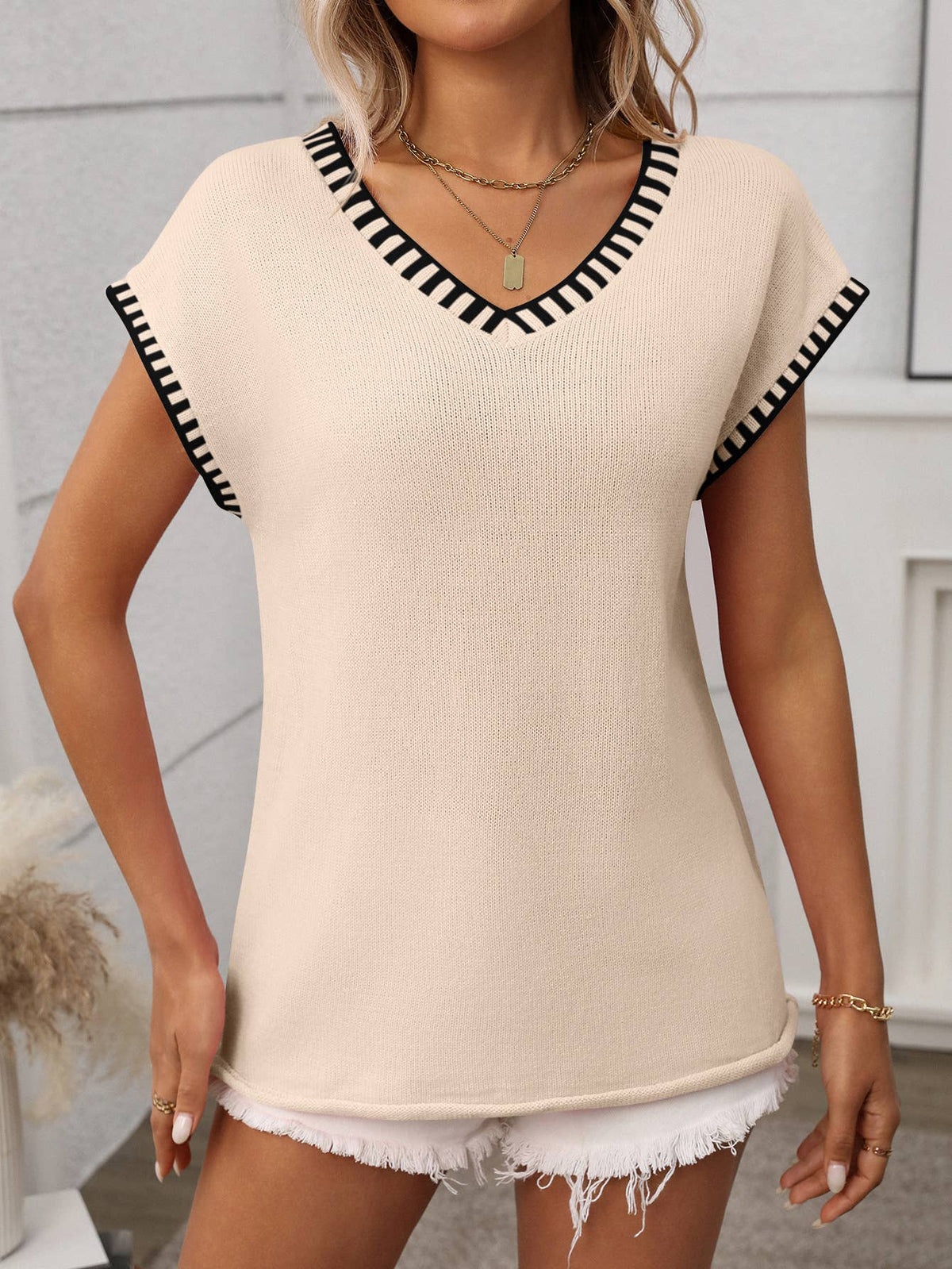 2026 V Neck Cape Sleeve Knit Summer Top