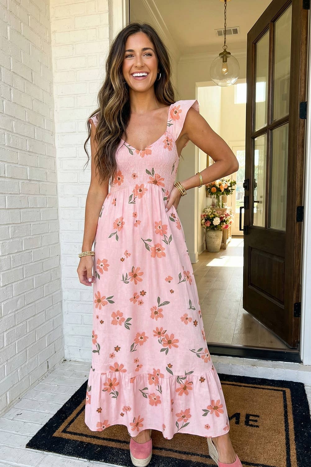 Floral Smocked High Waist Ruffle Hem Long Dress