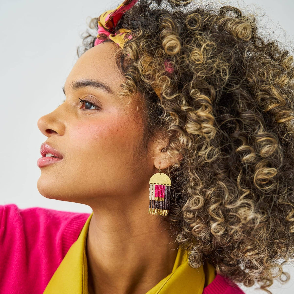 Birdie Geometric Beaded Fringe Earrings Pink, Brown, Ivory, + Gold