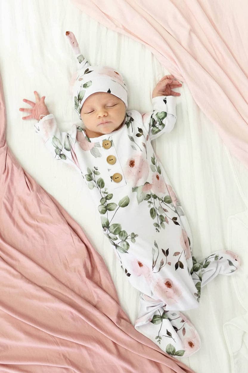 Millie's Dusty Rose Garden Newborn Baby Knot Gown & Hat Set