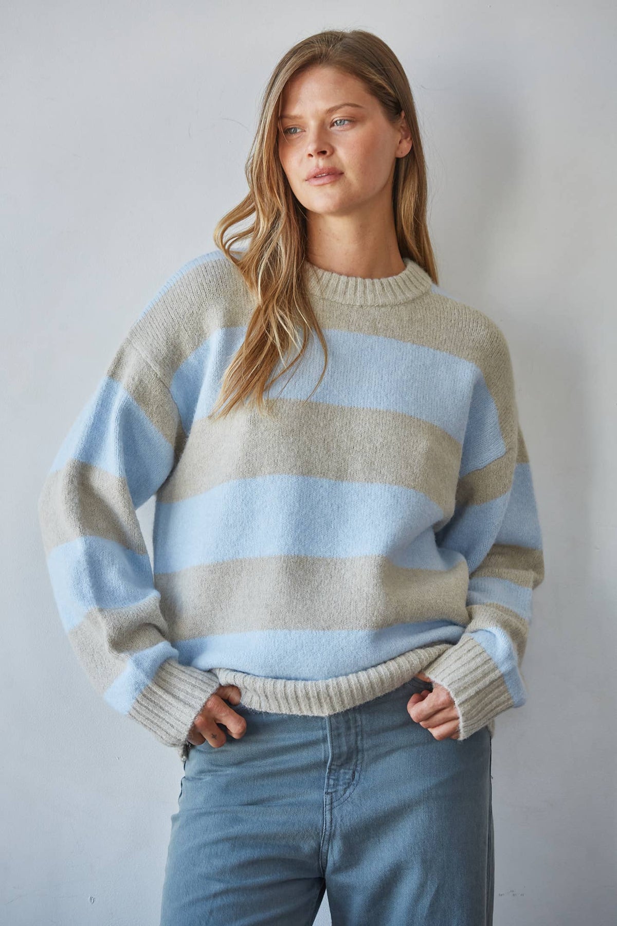 Knit Sweater Striped Round Neck Long Sleeve Pullover