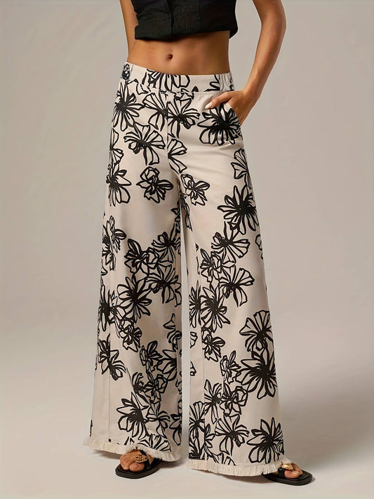 Vacay Boho Black Floral Print Fringe Hem Pants
