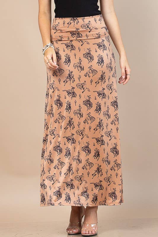 Bella Western Bucking Horses Print Knit Maxi Skirt