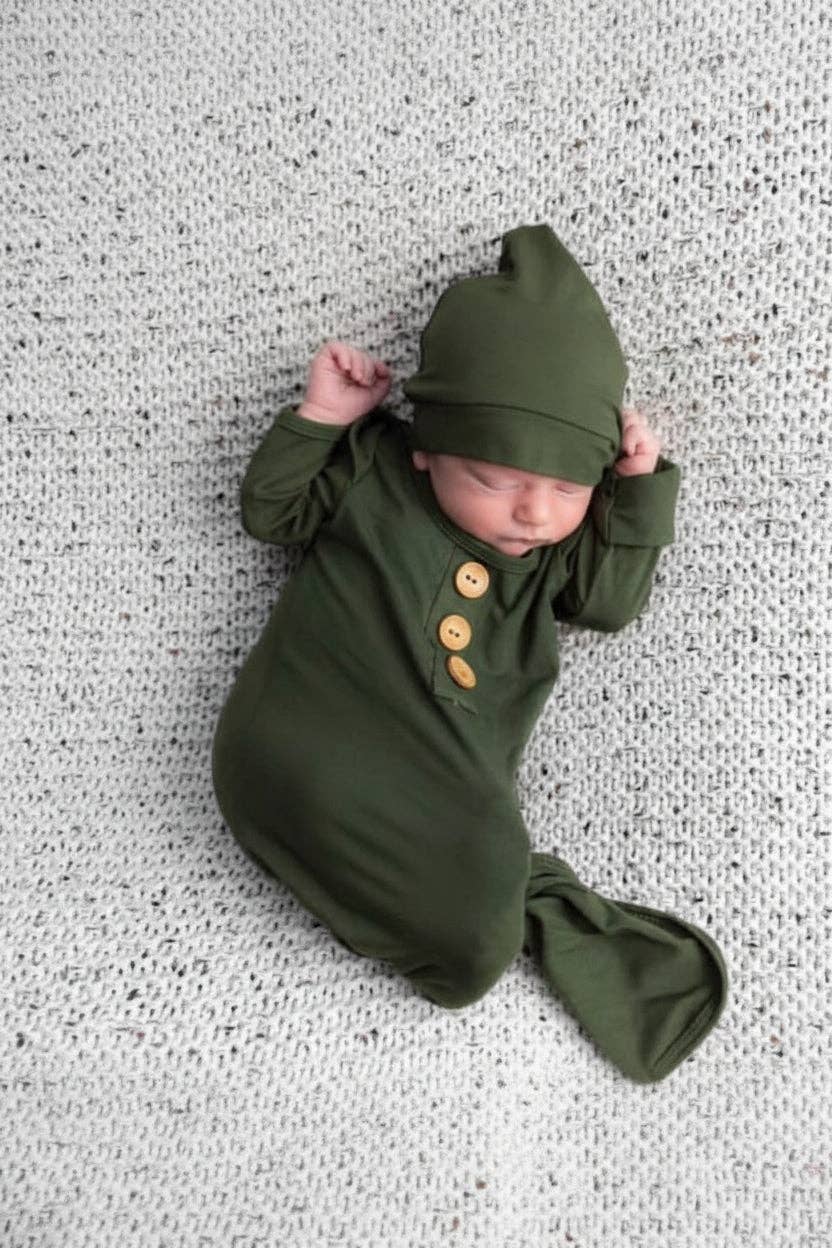 Solid Olive Bamboo Baby Knot Gown & Hat